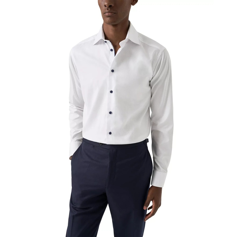 ETON Signature Twill Shirt Navy Details Buttons Piping White Sz 18 - 46
